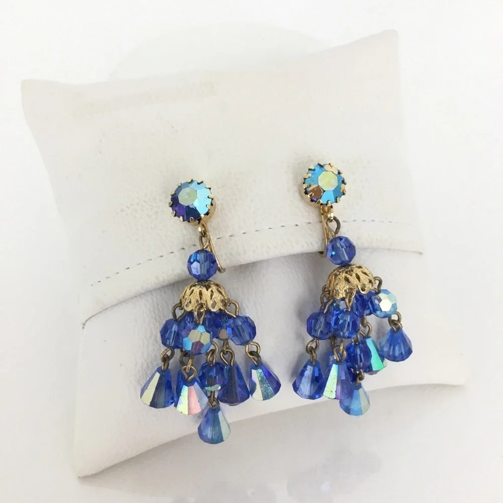 Vintage Hattie Carnegie Signed Austrian Crystal Blue Chandelier Clip Earrings